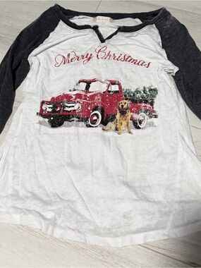 Altar'd State White Raglan Top with Black Sleeves and Red Truck Graphic